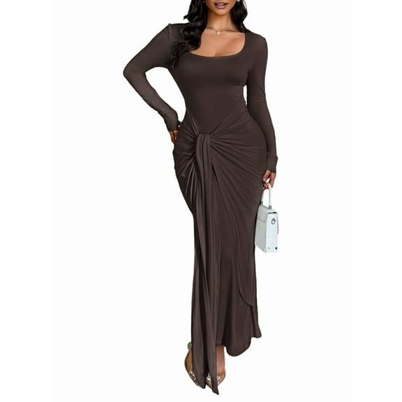 Women Bodycon Maxi Dress Ruched Long Sleeve Long Dress Cocktail Party Dresses Dark Brown S