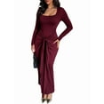 thumbnail image 1 of Women Bodycon Maxi Dress Ruched Long Sleeve Long Dress Cocktail Party Dresses Wine Red L, 1 of 6