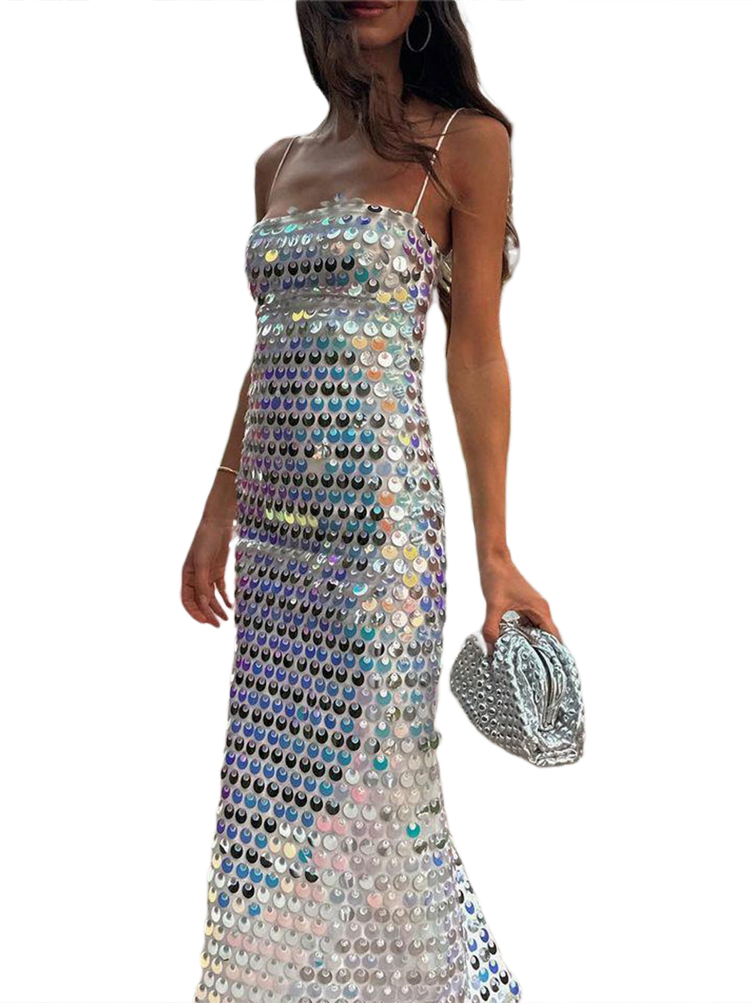 Women Bodycon Midi Sequin Dress Spaghetti Strap Slim Fit Sling Evening  Party Cpcktail Dress - Walmart.com