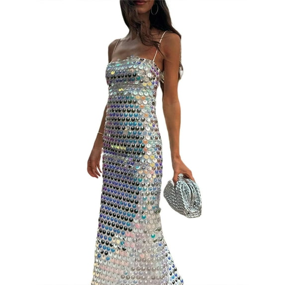Women Bodycon Midi Sequin Dress Spaghetti Strap Slim Fit Sling Evening Party Cpcktail Dress