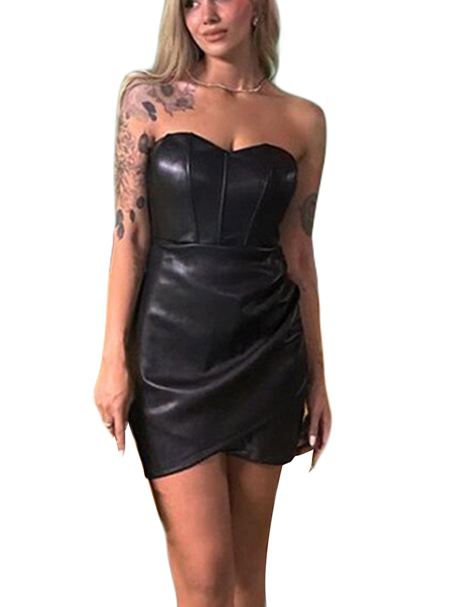 chinese dress ladies Faux Leather Tube Mini Dress Black / S main image 1
