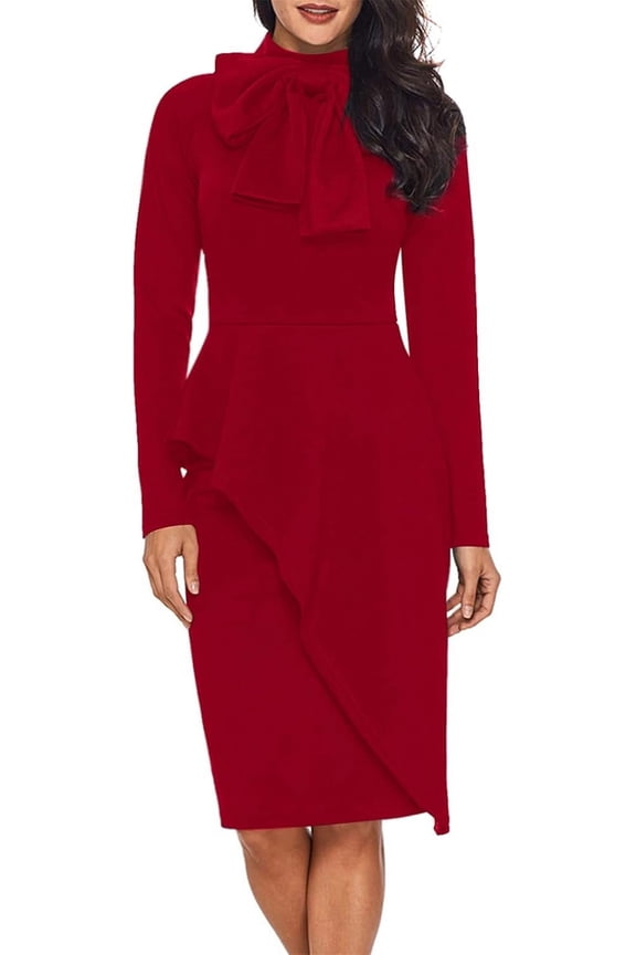 Women Bodycon Wrap Work Dress for Women Formal Cocktail Party Long Sleeve Mock Neck Pencil Midi Dresses