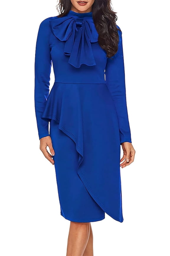 Women Bodycon Wrap Work Dress for Women Formal Cocktail Party Long Sleeve Mock Neck Pencil Midi Dresses