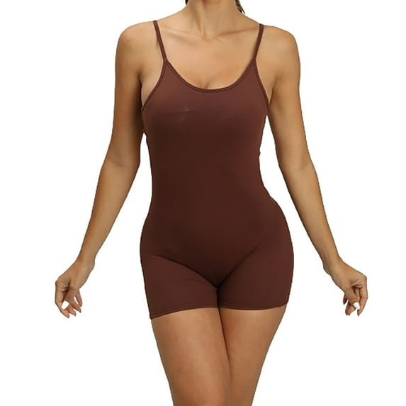 Women Bodysuit Bodycon Shorts Workout Jumpsuits Rompers Adjustable Strap One Piece Gym Yoga Summer Outfits (Medium, Coffee)