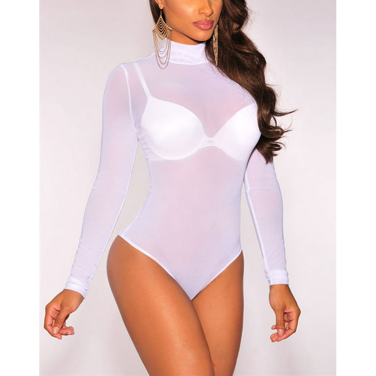 Women'S Sheer Mesh Catsuit Jumpsuit See Through Long Sleeve Skinny Bodycon  Without Lingerie