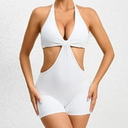 Women Bodysuit Summer Onesie Sexy Tight Plunge Halter Cutout Front Body Suits Open Back Shorts Slimming Shapewear, White, S