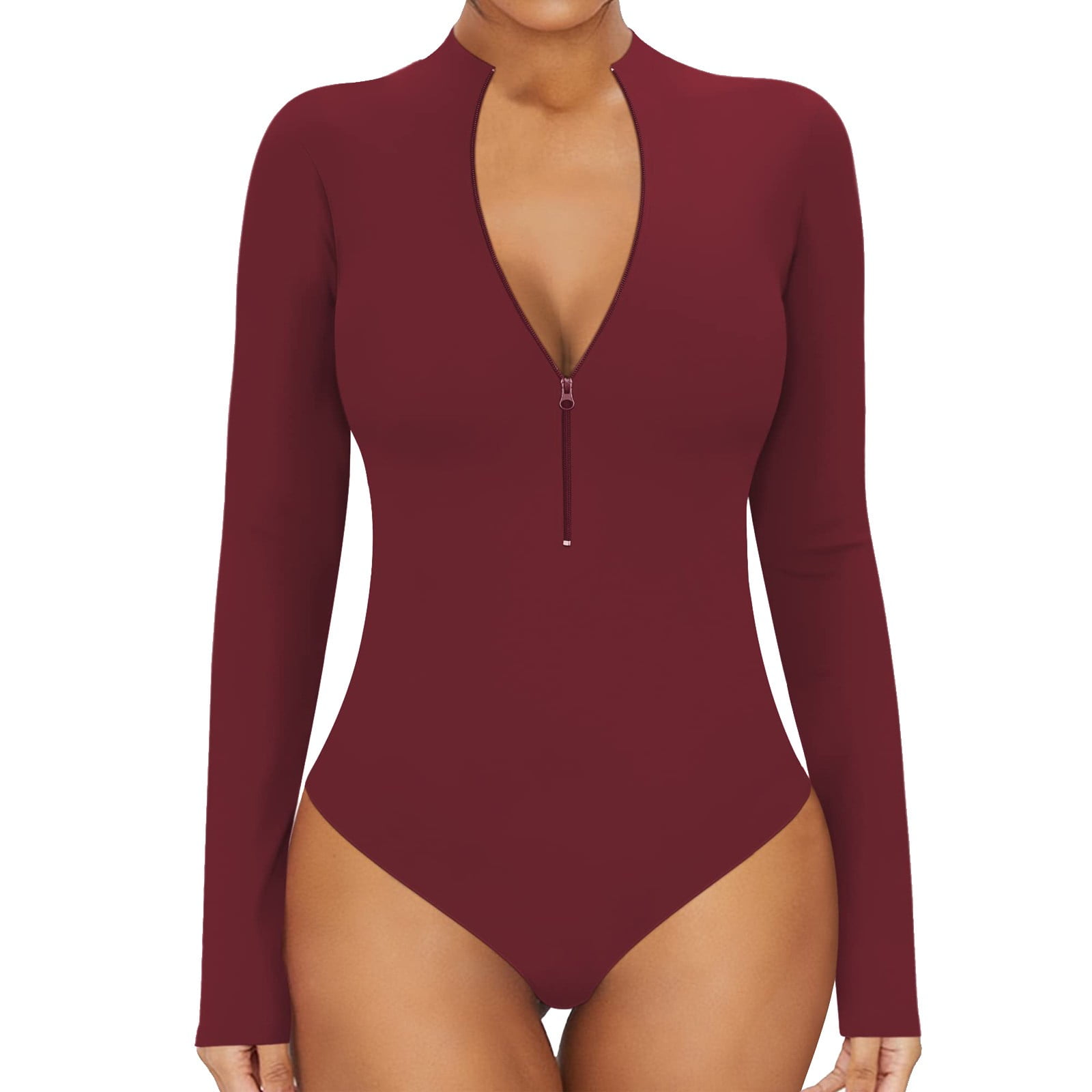 Women Bodysuit Zipper Front Neck Neck Sleeve Long Sleeve Tops Bodysuit