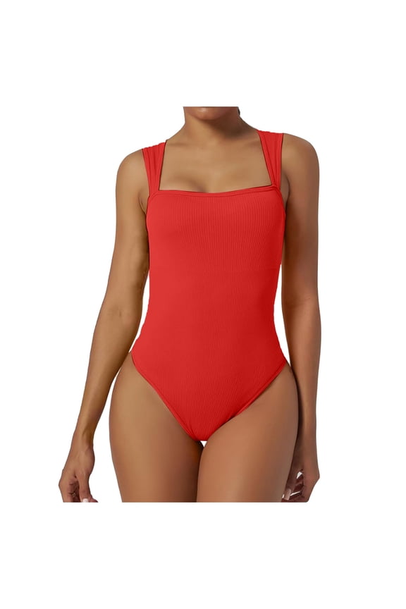 Women Bodysuits Sexy Ribbed Square Neck Sleeveless Tank Tops