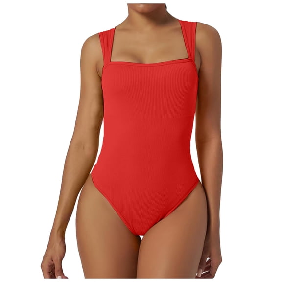 Women Bodysuits Sexy Ribbed Square Neck Sleeveless Tank Tops