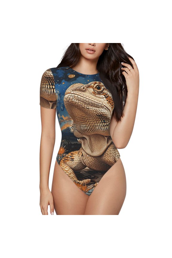 Women Bodysuits Short Sleeve Body Suits Basic Top Casual T Shirts, Bearded Dragon Lizards Retro Starry