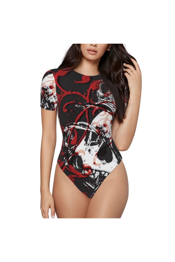 Women Bodysuits Short Sleeve Body Suits Basic Top Casual T Shirts, Gothic Crown Skull
