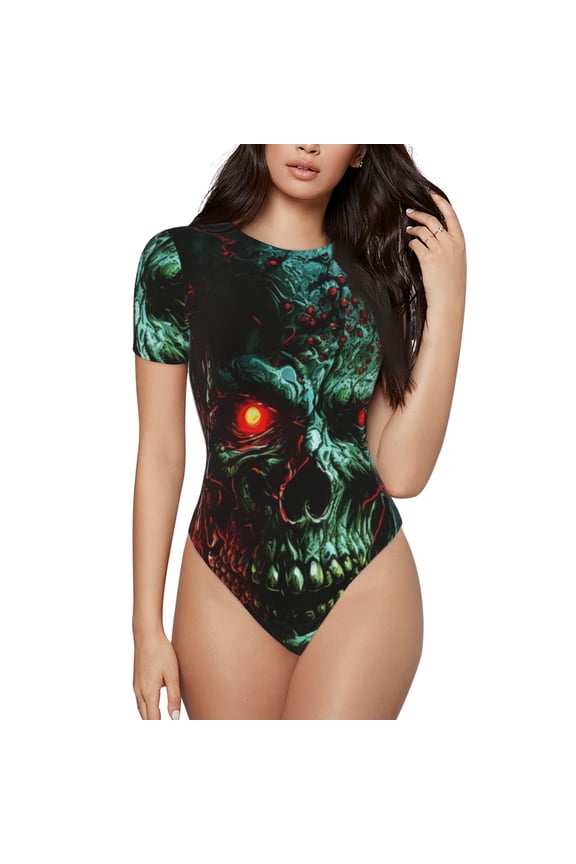 Women Bodysuits Short Sleeve Body Suits Basic Top Casual T Shirts, Skull Ghost Zombies Head Red Eyes Cool