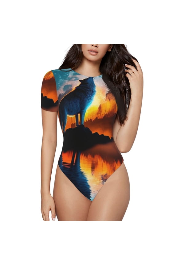 Women Bodysuits Short Sleeve Body Suits Basic Top Casual T Shirts, Wolf Howling Night Moon River