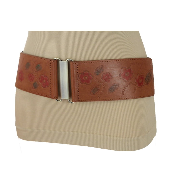 Elastic Floral Waist Belt - Tan Allegra K Womens Elastic Wide Waist Belts Floral Metal  main image 2