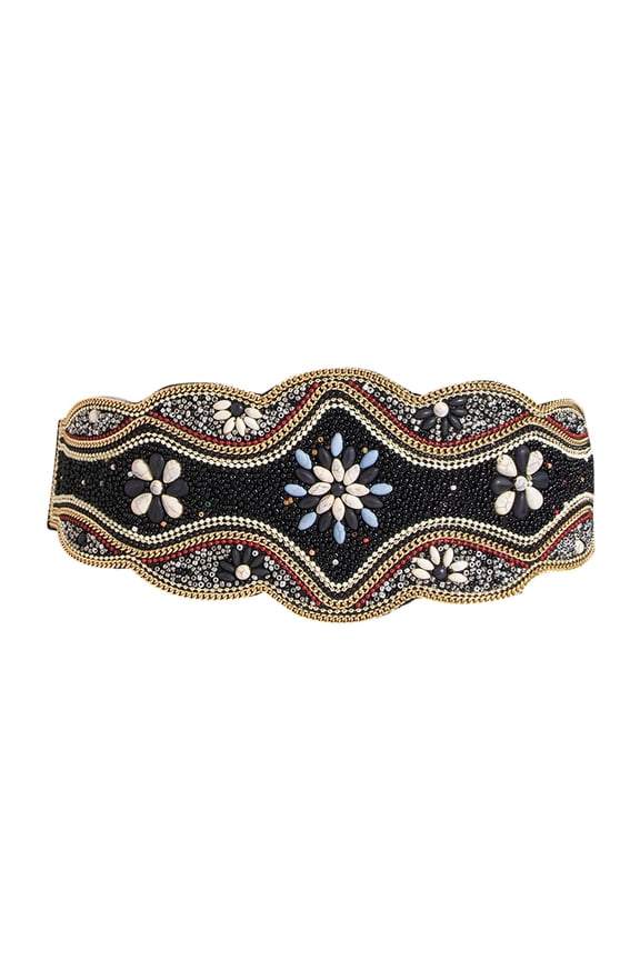 Women Bohemian Cinch Belts Wide Stretch Elastic Waist Trainer Belt Handmade Beaded Ethnic Adjustable Belt for Dress