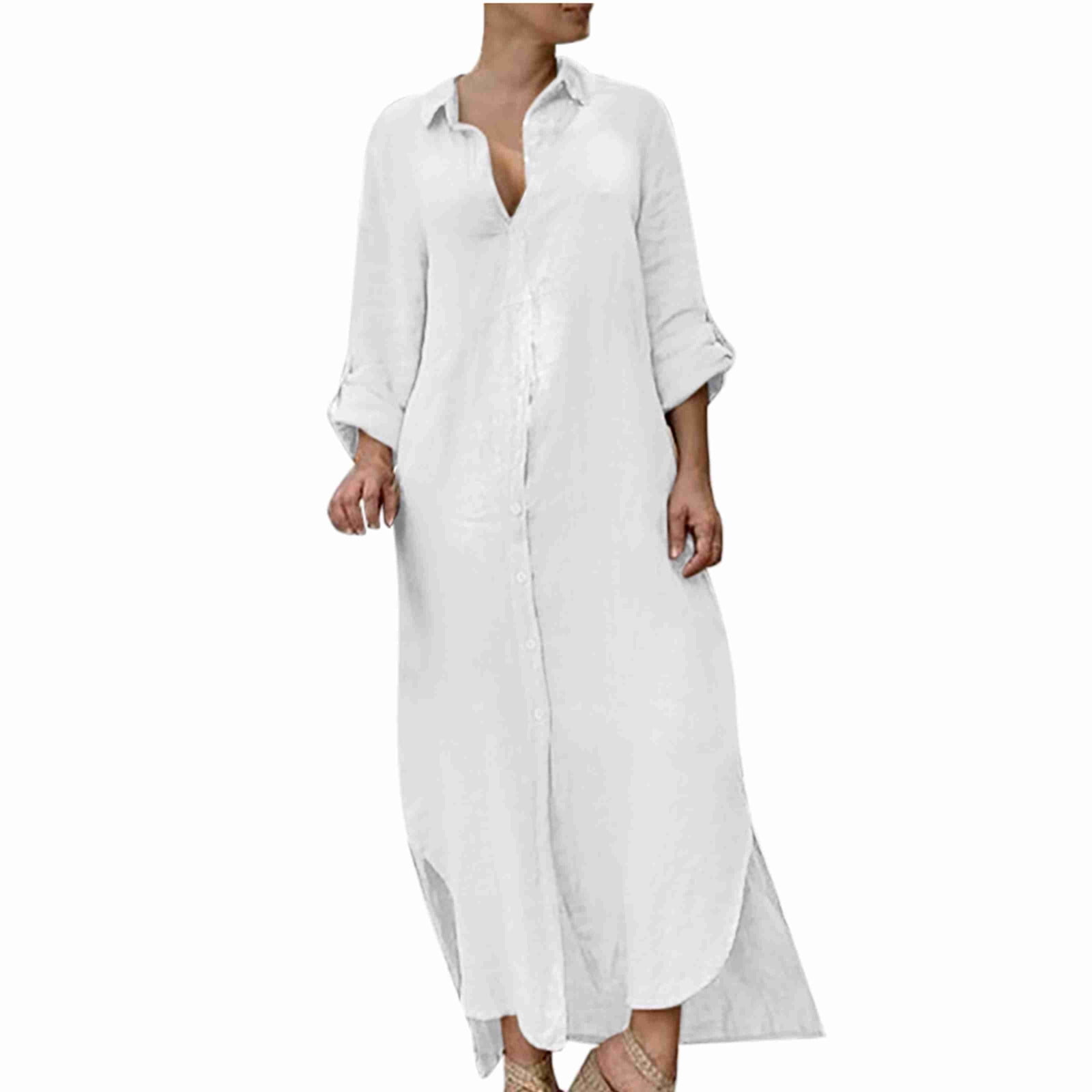 Women Bohemian Cotton Linen Dresses Loose Long Sleeve Maxi Long Dress Plain  Trendy Boho Dresses with Pockets White XXXXL - Walmart.com