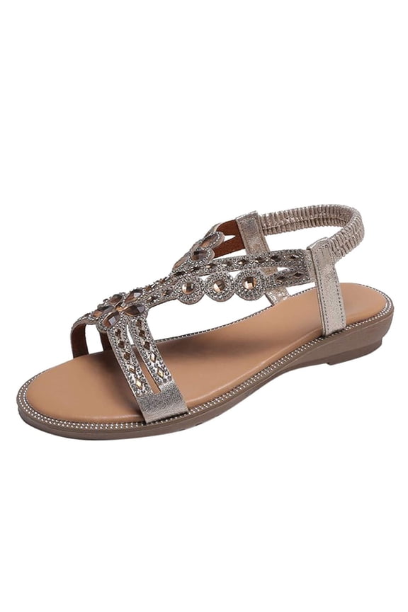 Women Bohemian Flat Sandals Beach With Diamonds, Low Heel Strap Diamonds Sandals Comfort Shoes