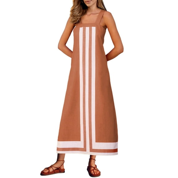 Women Bohemian Floral Dress Summer Casual Color Block Maxi Beach Overall Dress Coverups Dark Brown L
