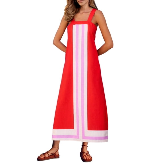 Women Bohemian Floral Dress Summer Casual Color Block Maxi Beach Overall Dress Coverups Red M