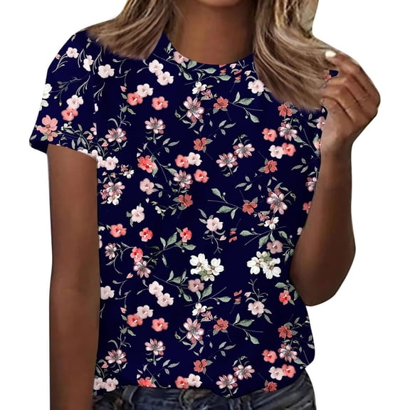 Women Bohemian Floral Graphic Print T-Shirt Ladies Summer Crewneck Short Sleeve Pullover Tee Top