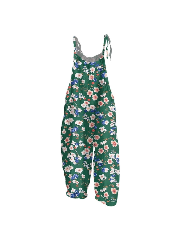 Women Bohemian Floral Overalls Loose Baggy Wide Leg Jumpsuit With Dual Pockets Green XL