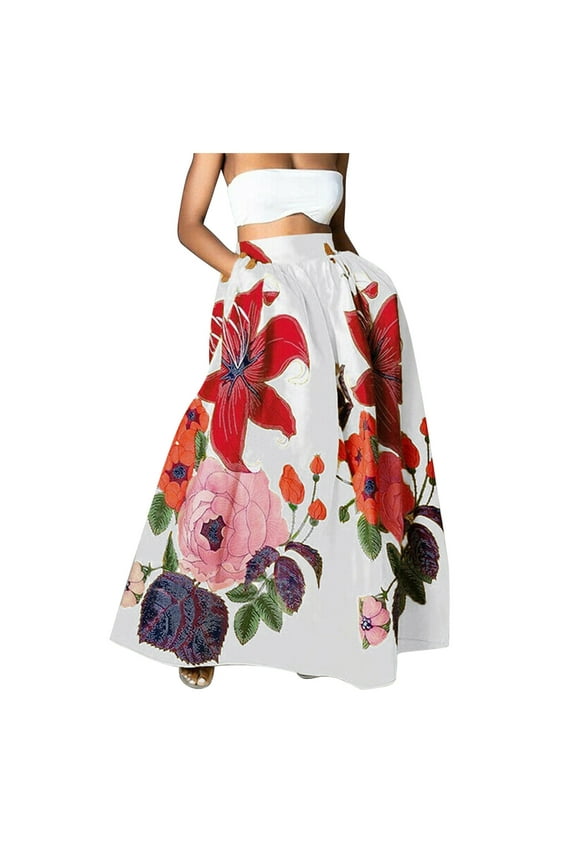 Women Bohemian Floral Print Skirt High Waist Party Beach Pocket Long Maxi Skirt
