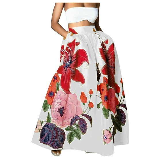 Women Bohemian Floral Print Skirt High Waist Party Beach Pocket Long Maxi Skirt