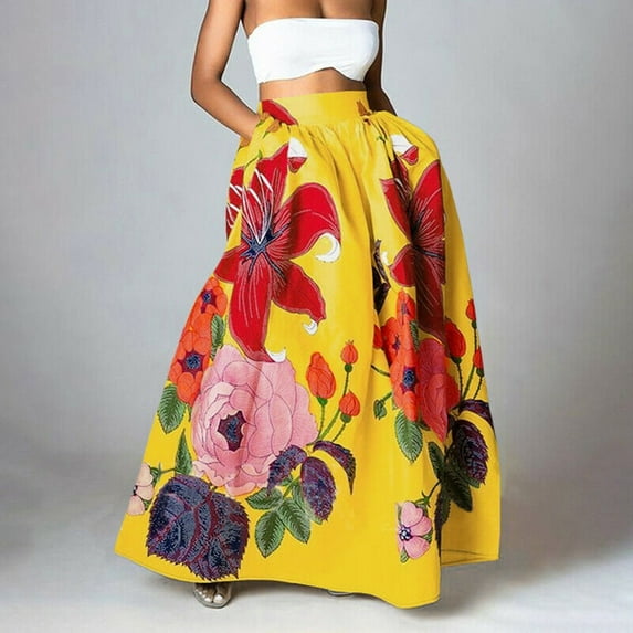 Women Bohemian Floral Print Skirt High Waist Party Beach Pocket Long Maxi Skirt