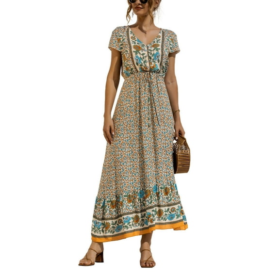 Women Bohemian Maxi Dress V-Neck Summer Casual Dresses Empire Waist Sundress