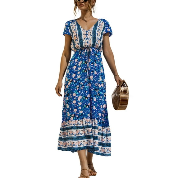 Women Bohemian Maxi Dress V-Neck Summer Casual Dresses Empire Waist Sundress