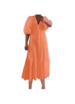 V-neck Waist Loose Hem Ruffled Long Dress