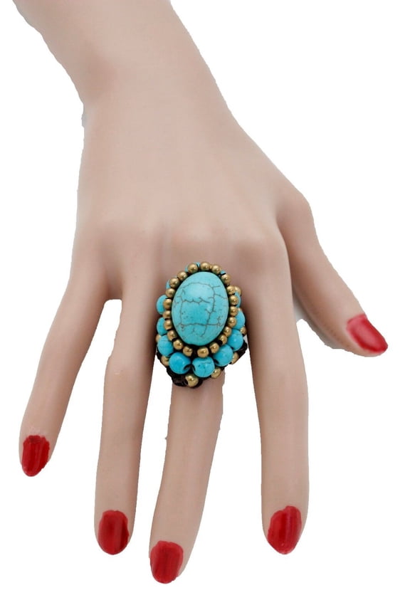 Women Bohemian Moroccna Style Fashion Jewelry Ring Turquoise Blue Beads Size 8
