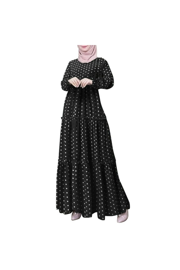 Women Bohemian Polka Dot Print Dress Long Sleeves Prayer Clothes