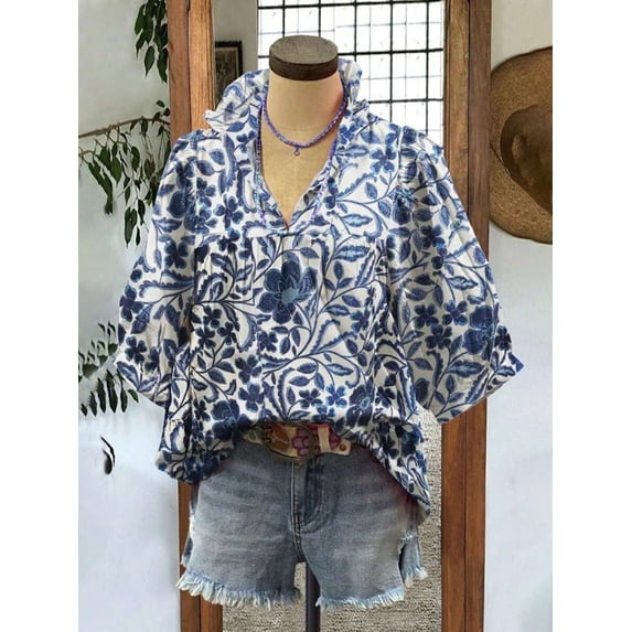 Women Bohemian Porcelain‑Print Ruffle V‑Neck Flare‑Sleeve Vacation Blouse