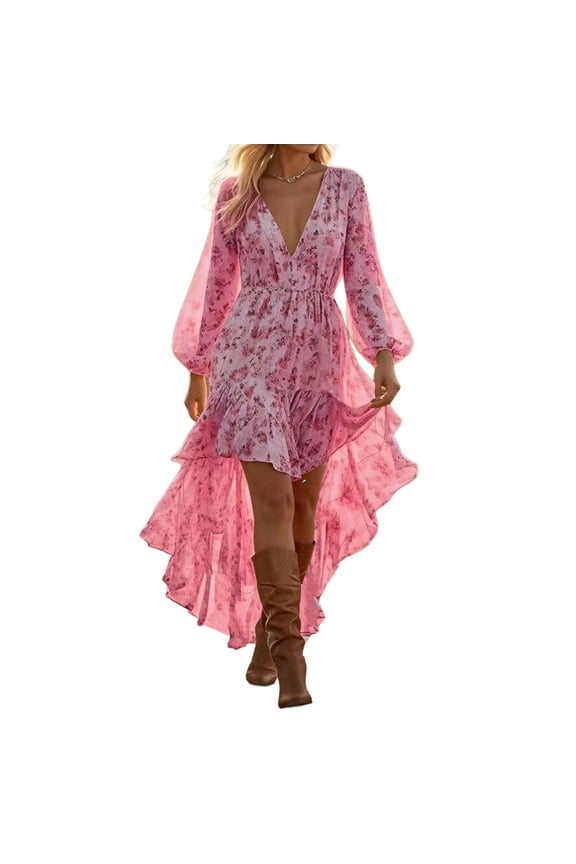 Women Bohemian Summer Dress V Neck High-Low Ruffle Hem Floral Print Flowy Beach Dresses