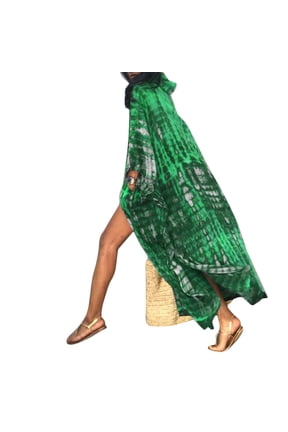 Women Bohemian Tie-Dye Print Hooded Kimono Cardigan Long Sleeve Open Front Swimsuit Cover Up Side Split Robe Beachwear with Pockets
