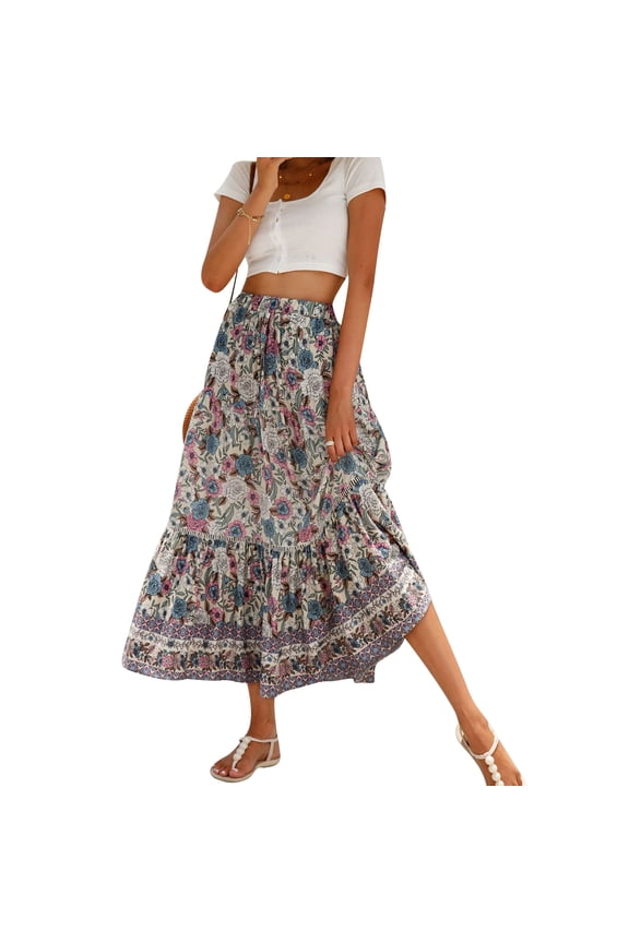 Women Bohemian Vintage Floral Long Skirts Summer Boho Elastic Waist A Line Flowy Maxi Skirt