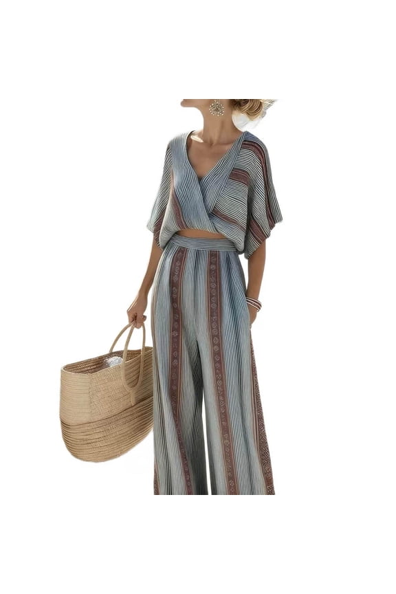 Women Boho 2 Piece Outfits Vintage Color Block Batwing Sleeve Crop Top Matching Summer Palazzo Pants Travel Sets