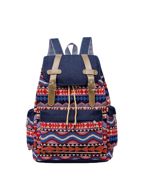 Women Boho Backpack Drawstring Daypacks Polyester Rucksack Shoulder Handbag with Ethnic Geometric Print Multipurpose Convertible Purse Teenager School Bag for Outdoor Travel