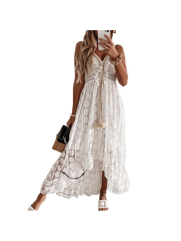 Women Boho Beach Flowy Embroidery Long Dress Deep V-Neck Lace Hem Dress Summer Spaghetti Straps Floral Maxi Dress