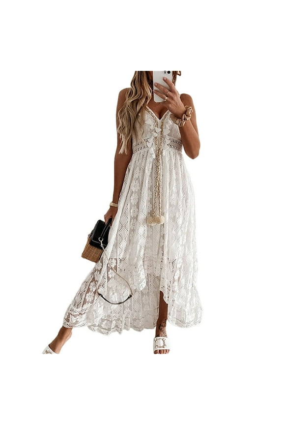 Women Boho Beach Flowy Embroidery Long Dress Deep V-Neck Lace Hem Dress Summer Spaghetti Straps Floral Maxi Dress
