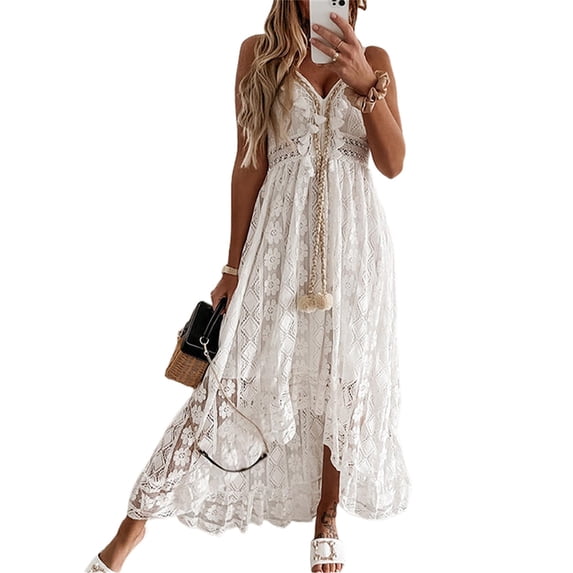 Women Boho Beach Flowy Embroidery Long Dress Deep V-Neck Lace Hem Dress Summer Spaghetti Straps Floral Maxi Dress