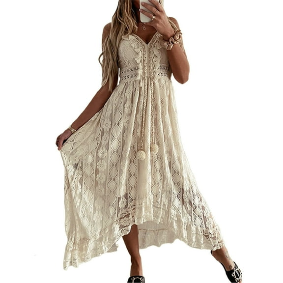 Women Boho Beach Flowy Embroidery Long Dress Deep V-Neck Lace Hem Dress Summer Spaghetti Straps Floral Maxi Dress