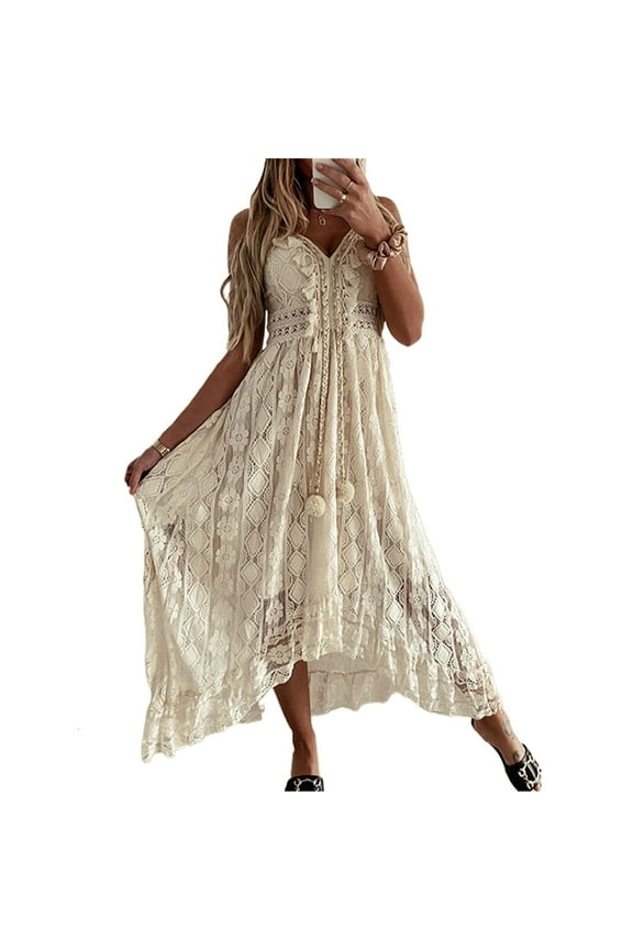 Women Boho Beach Flowy Embroidery Long Dress Deep V-Neck Lace Hem Dress Summer Spaghetti Straps Floral Maxi Dress
