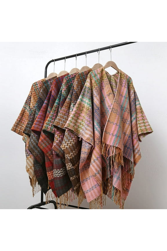 Women Boho Buffalo Plaid Poncho Pashmina Shawl Wrap Cape Sweater Knitting Cardigan with Tassel