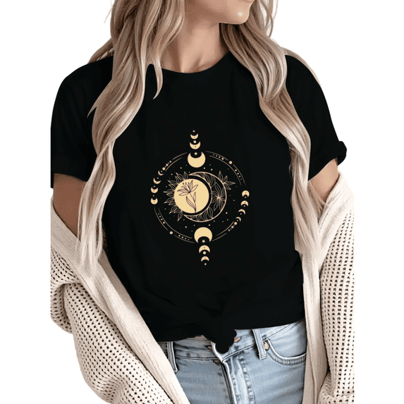 Women Boho Celestial Moon Phase Lily Graphic Fun Tees Tops Round Neck Cotton T-Shirt Black S-5XL