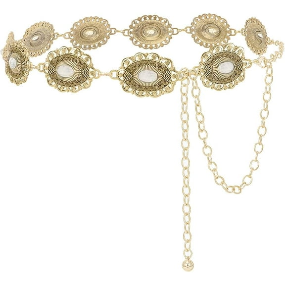 Women Boho Chain Belts For Dresses Jeans Western Cowgirl Waist Links Belt Adjustable Metal Concho Belt