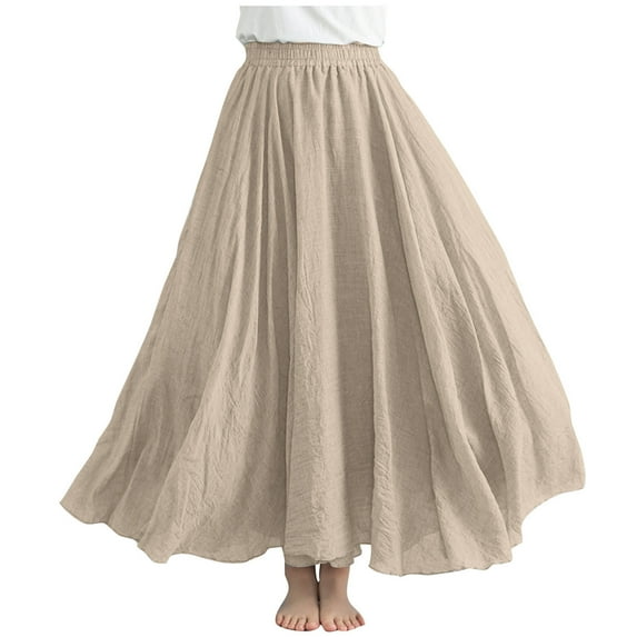 Women Boho Cotton Linen Maxi Skirt Layer Elastic Waist Long Skirt Summer Flowy Swing Tiered A-Line Skirt