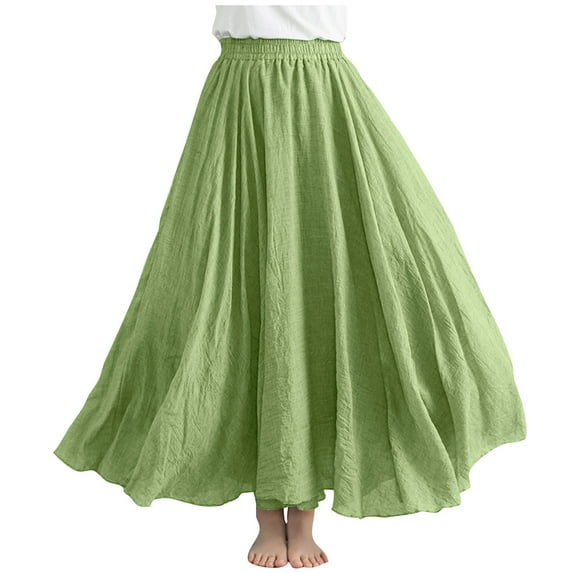 Women Boho Cotton Linen Maxi Skirt Layer Elastic Waist Long Skirt Summer Flowy Swing Tiered A-Line Skirt