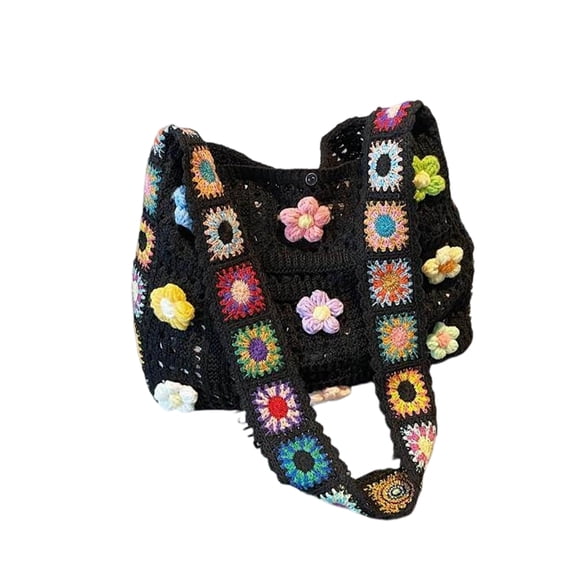 Women Boho Crochet Flower Tote Bag, Granny Square Wide Strap Woven Shoulder Bag, Hollow Knit Purse with 3D Floral, Large Foldable Beach Handbag for Summer Vacation Daily Shopping Gift (Black)